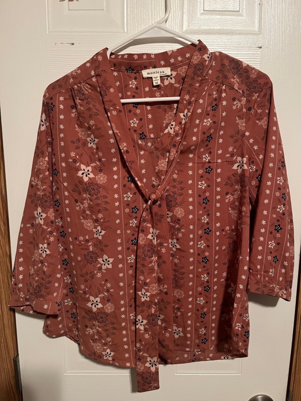 Monteau Rust Floral Tie-Neck Blouse with Navy & Cream Accents